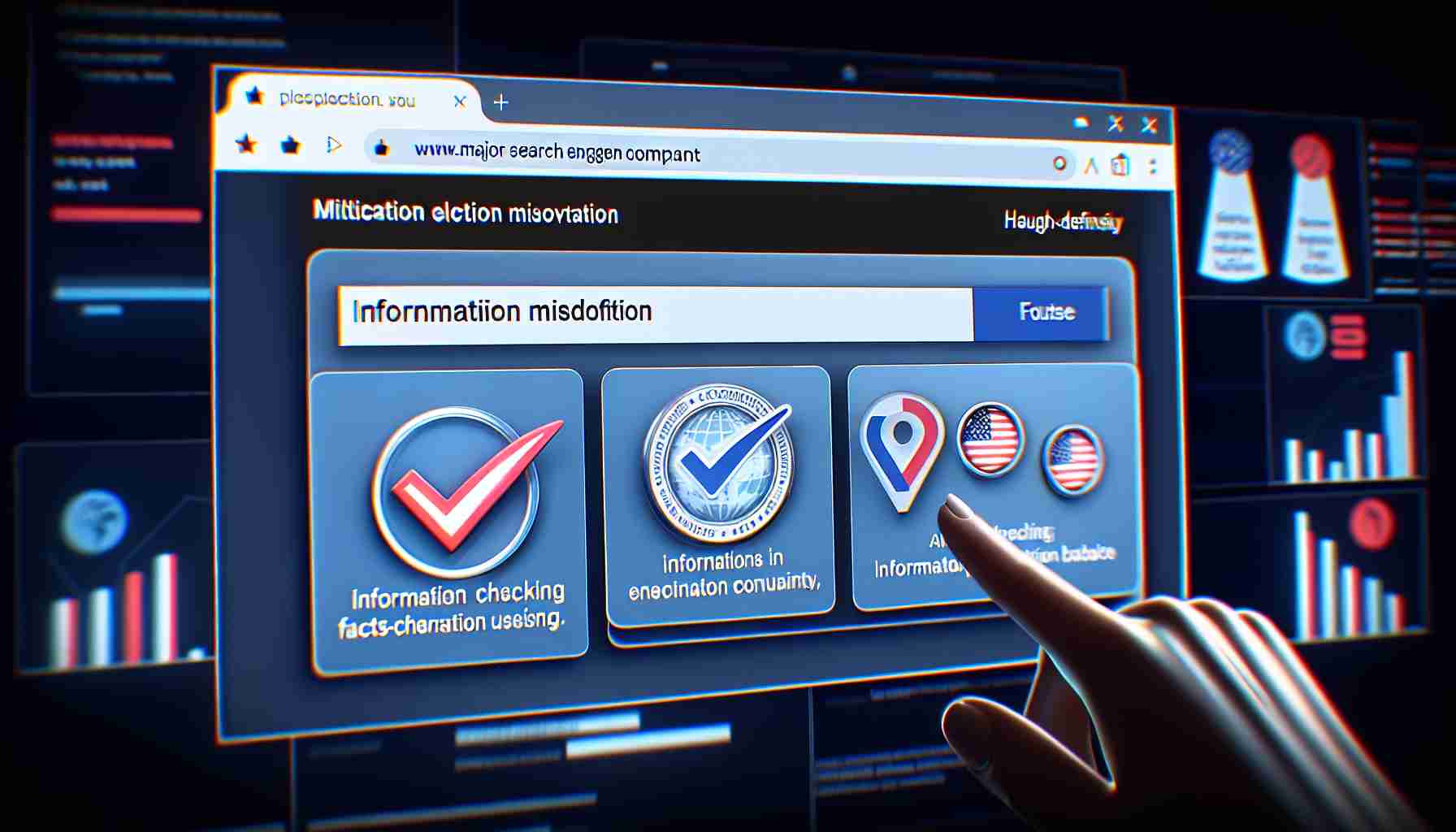 A high-definition, realistic image illustrating measures taken by a major search engine company to mitigate election misinformation. The image could show the interface of the search engine highlighting a disclaimer on information accuracy, an information verification badge, and a user fact-checking information using the platform's resources.