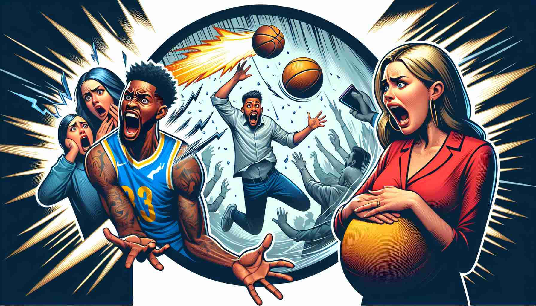 Create a high-definition image in a realistic style that depicts the personal life of a famous basketball player spiraling out of control. In this scene, his girlfriend is reacting to drama related to their new baby. It is important to capture the tension and chaos of the situation.