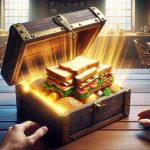 Generate a lifelike high-definition image that suggests the discovery of a new sandwich trend. In the foreground there should be a secret looking, ancient wooden box being opened. Inside the box, there's a sandwich unlike anything seen before, with an assortment of exciting and unique ingredients illuminated by the golden light escaping from the box. The background is the interior of a modern but cosy kitchen, it must depict an atmosphere of intrigue and excitement. The setting should evoke a sense of anticipation as if embarking on a culinary adventure.