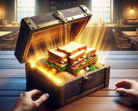 Generate a lifelike high-definition image that suggests the discovery of a new sandwich trend. In the foreground there should be a secret looking, ancient wooden box being opened. Inside the box, there's a sandwich unlike anything seen before, with an assortment of exciting and unique ingredients illuminated by the golden light escaping from the box. The background is the interior of a modern but cosy kitchen, it must depict an atmosphere of intrigue and excitement. The setting should evoke a sense of anticipation as if embarking on a culinary adventure.