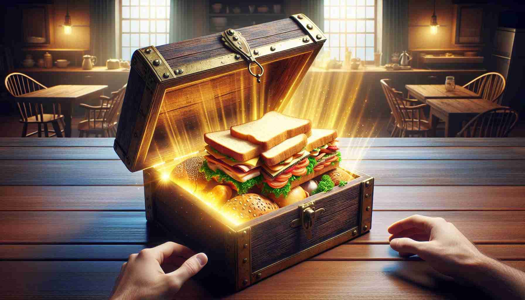 Generate a lifelike high-definition image that suggests the discovery of a new sandwich trend. In the foreground there should be a secret looking, ancient wooden box being opened. Inside the box, there's a sandwich unlike anything seen before, with an assortment of exciting and unique ingredients illuminated by the golden light escaping from the box. The background is the interior of a modern but cosy kitchen, it must depict an atmosphere of intrigue and excitement. The setting should evoke a sense of anticipation as if embarking on a culinary adventure.