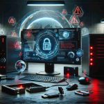 An insightful HD image illustrating the concept of digital media security concerns following a theft incident. The image portrays a sleek, ultra-modern computer workstation showing a screen with encrypted data, infused by the red glow of warning signs hinting at potential threats. A dark contrast on the desk involves various digital devices - a hard disk, a dongle, and a USB stick, all open and vulnerable, serving as representations of stolen digital media. A hovering holographic network globe suggests international involvement. The backdrop is a dimly lit, minimalist room, suggesting the often clandestine nature of digital theft.