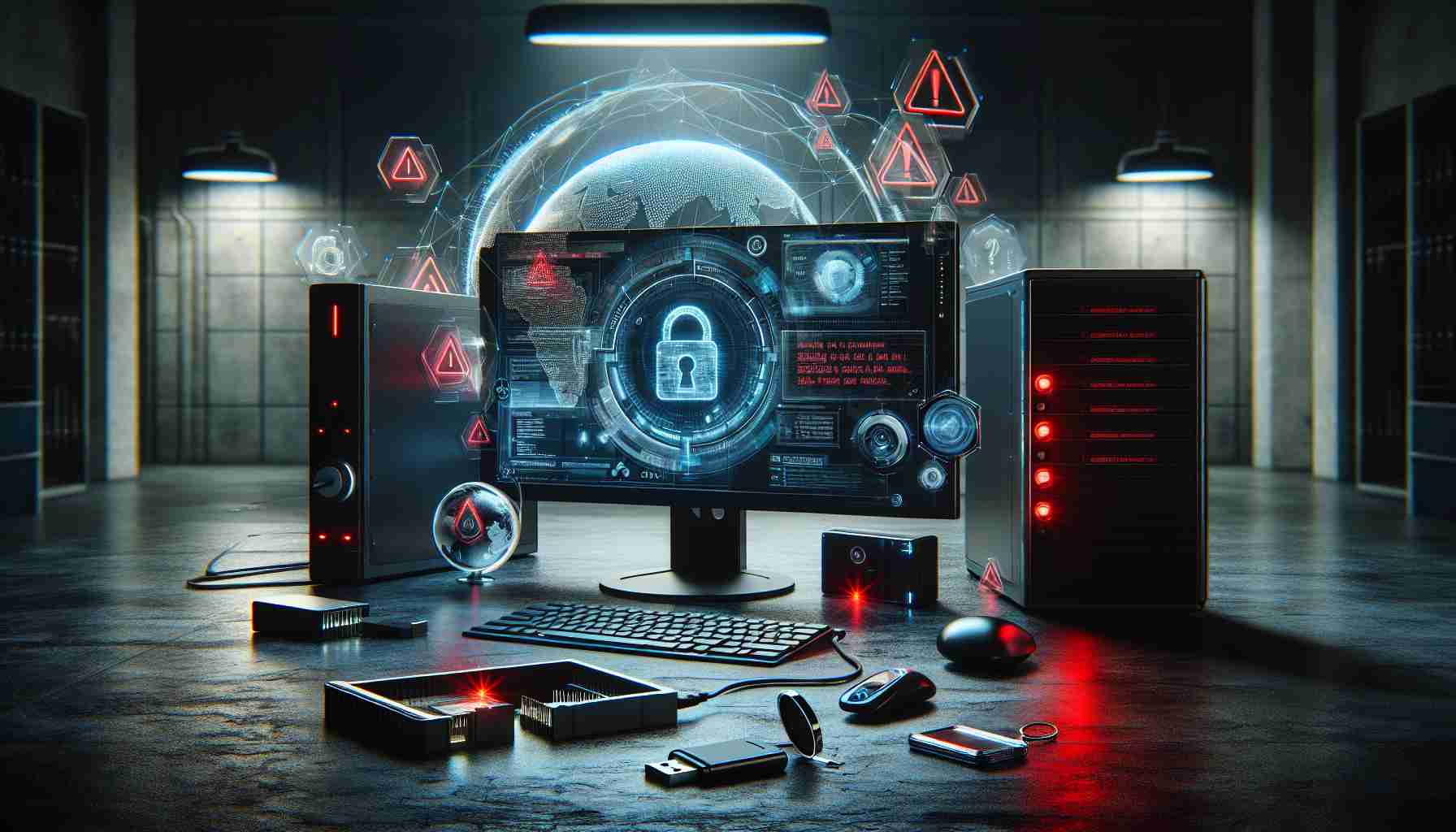 An insightful HD image illustrating the concept of digital media security concerns following a theft incident. The image portrays a sleek, ultra-modern computer workstation showing a screen with encrypted data, infused by the red glow of warning signs hinting at potential threats. A dark contrast on the desk involves various digital devices - a hard disk, a dongle, and a USB stick, all open and vulnerable, serving as representations of stolen digital media. A hovering holographic network globe suggests international involvement. The backdrop is a dimly lit, minimalist room, suggesting the often clandestine nature of digital theft.