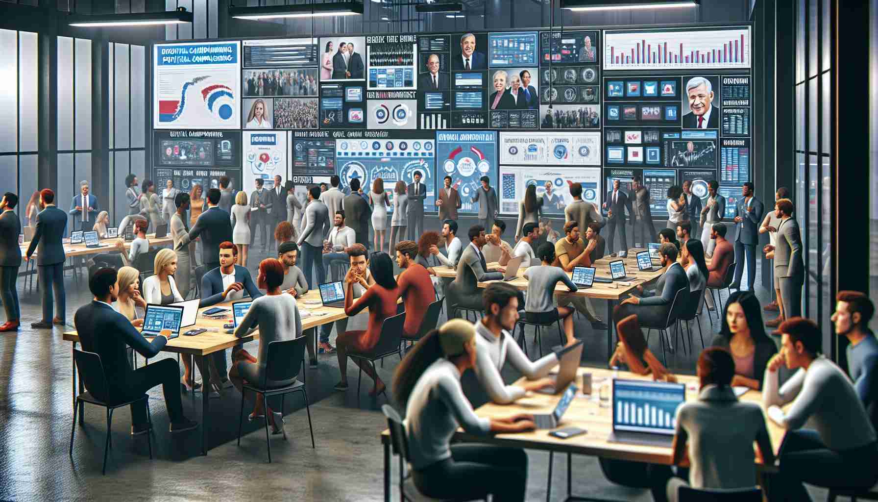 Realistic HD image showcasing innovative tactics of political campaigning in the digital age. The scene includes a room full of diverse people of both genders, all races, and various ages. There are billboards, posters, and screens displaying various technologies and software used in digital political campaigning. Some people are engaged in discussions while others are focused on their laptops or tablets, creating campaign content or analyzing data. Detail is given to the atmosphere of teamwork and the modern tools used, without focusing on any specific politician or party.