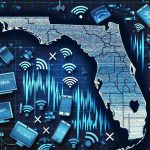 Represent an outage of a large telecommunications company disrupting services in Florida. Depict a state map of Florida fading into static or pixellation to convey telecom disruption. Include symbols like crossed-out cellphones or WiFi signals sprinkled across the map to signify interrupted connectivity. Make sure the image has high-definition resolution, detailed and realistic.