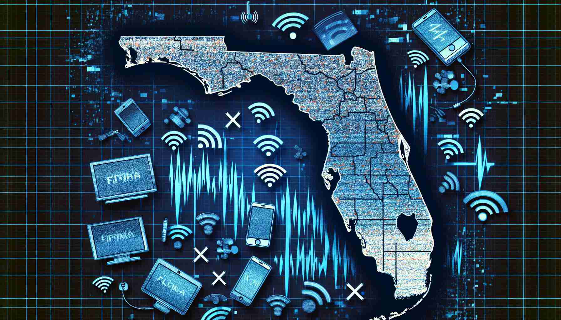 Represent an outage of a large telecommunications company disrupting services in Florida. Depict a state map of Florida fading into static or pixellation to convey telecom disruption. Include symbols like crossed-out cellphones or WiFi signals sprinkled across the map to signify interrupted connectivity. Make sure the image has high-definition resolution, detailed and realistic.