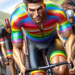 A high-definition depiction of a male professional cyclist, dressed in a rainbow-striped jersey, demonstrating dominance during an intense cycling race. He's Caucasian with an athletic build, and his face is focused and determined. His jersey is vibrantly coloured with the full spectrum of a rainbow and he is pedaling hard on a road bicycle. Around him are other competitors, struggling to keep up with his powerful performance.