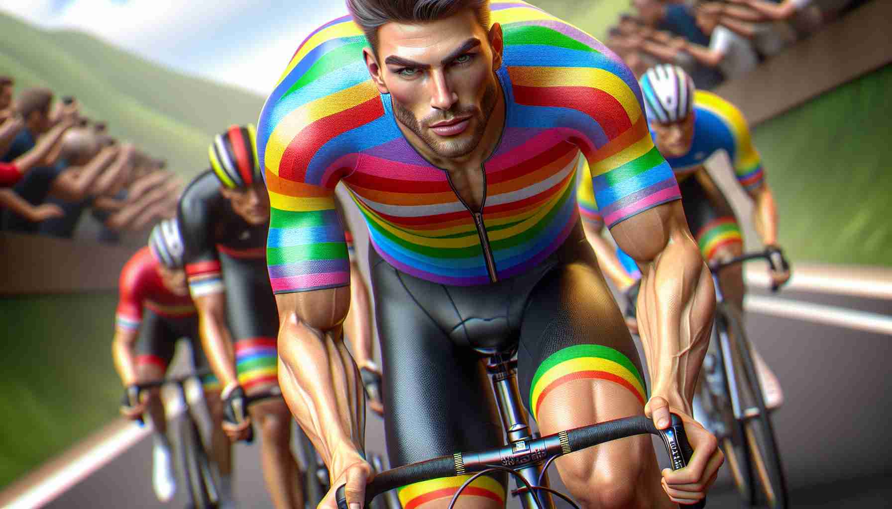 A high-definition depiction of a male professional cyclist, dressed in a rainbow-striped jersey, demonstrating dominance during an intense cycling race. He's Caucasian with an athletic build, and his face is focused and determined. His jersey is vibrantly coloured with the full spectrum of a rainbow and he is pedaling hard on a road bicycle. Around him are other competitors, struggling to keep up with his powerful performance.