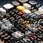 A realistic high-definition illustration of a variety of affordable wireless earbuds. They are arranged together for a comparative review, showcasing the latest designs and features. Each earbud has a distinct shape and color to indicate different brands, but no logos would be visible. The image emphasizes the modern and compact nature of these devices, highlighting their high-quality audio capability. Take note of the sleek design details such as touch-sensitive controls, water resistance indications, and enhanced battery life indicated by a small LED light.