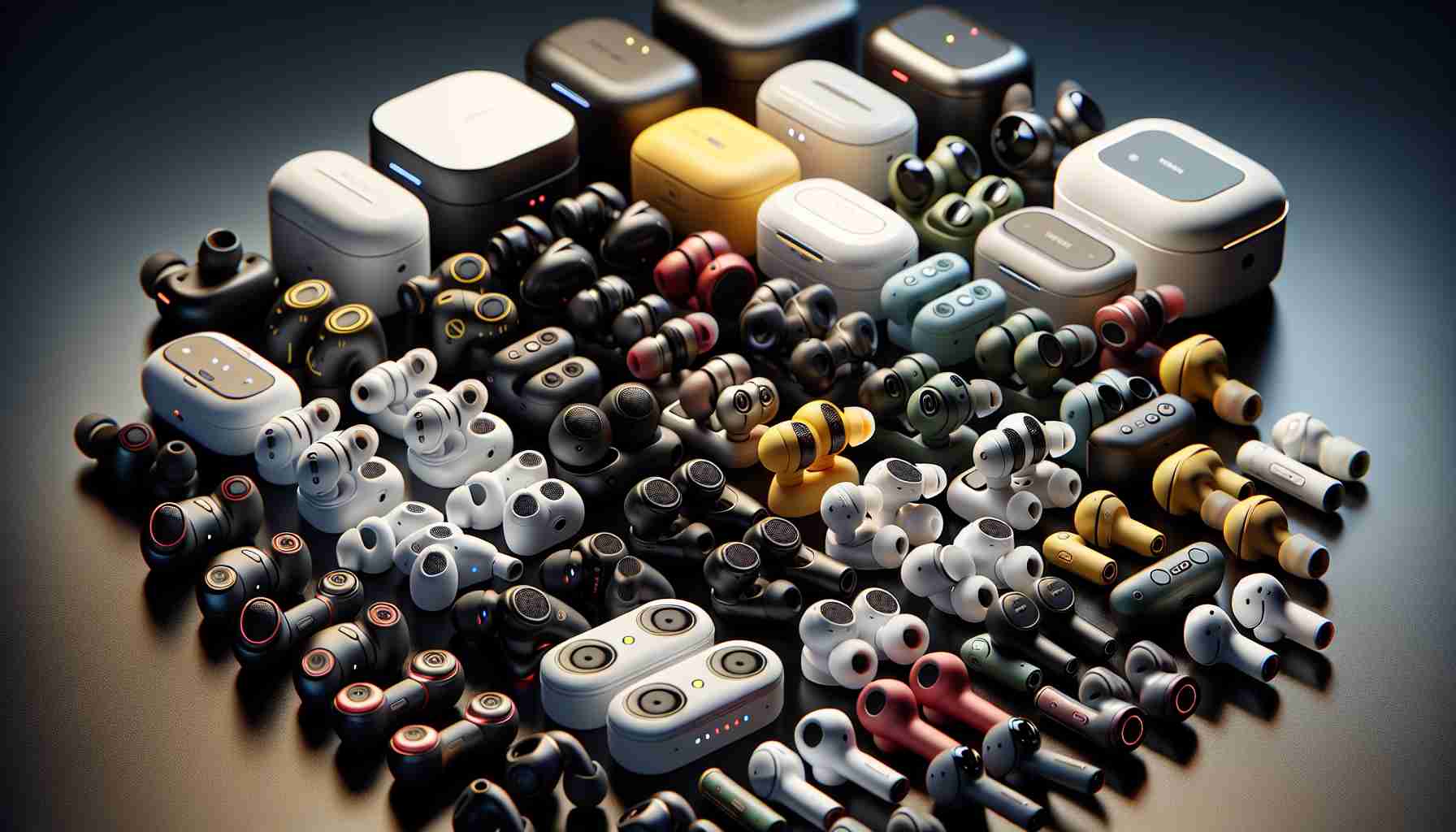 A realistic high-definition illustration of a variety of affordable wireless earbuds. They are arranged together for a comparative review, showcasing the latest designs and features. Each earbud has a distinct shape and color to indicate different brands, but no logos would be visible. The image emphasizes the modern and compact nature of these devices, highlighting their high-quality audio capability. Take note of the sleek design details such as touch-sensitive controls, water resistance indications, and enhanced battery life indicated by a small LED light.