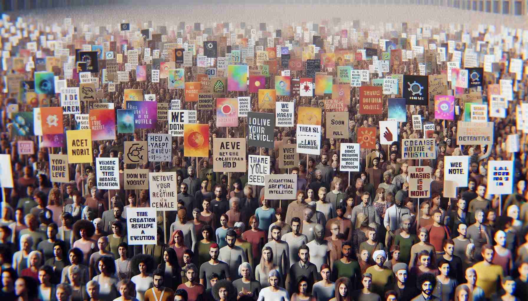 Generate a realistic HD photo symbolizing a creative revolution. Visualize a crowd of around 11,500 people, each of them holding signs displaying various motivational quotes and messages against the misuse of artificial intelligence. The crowd should be diverse, featuring people of varying genders and descents such as Caucasian, Hispanic, Black, Middle-Eastern, South Asian, and White individuals. Show a feeling of unity and determination amidst the crowd.