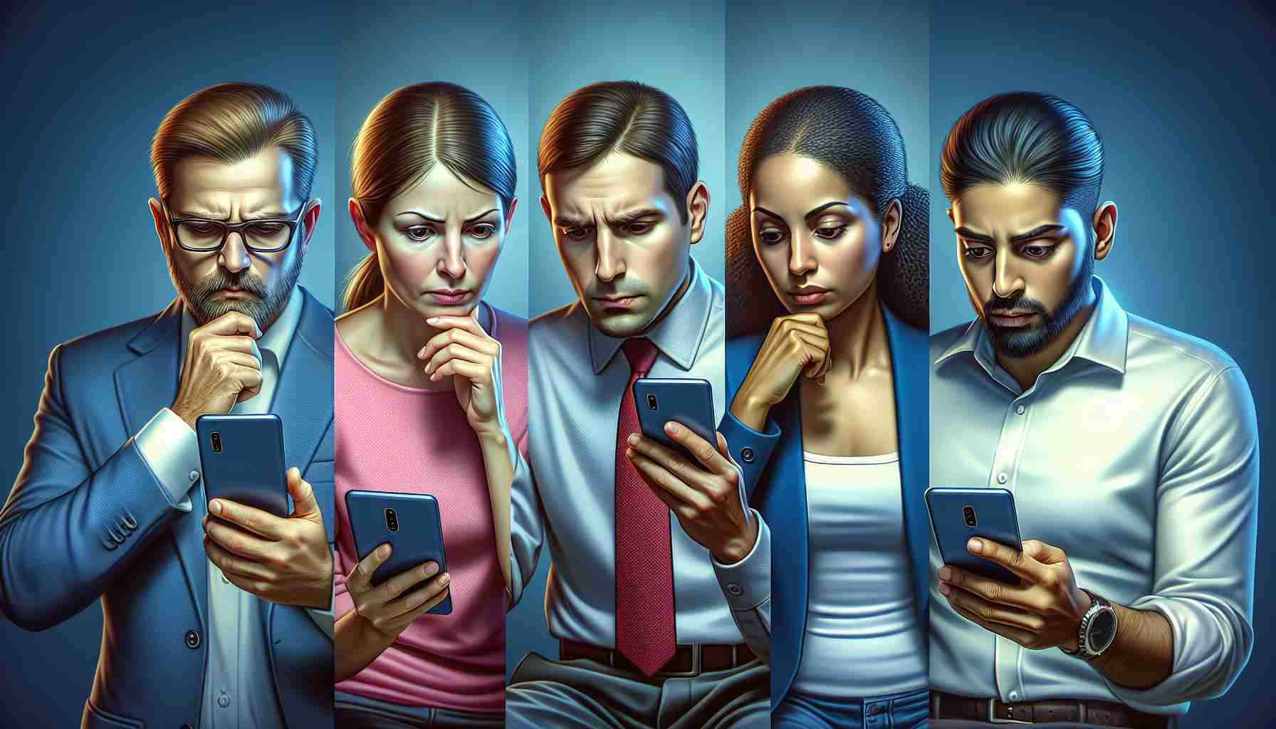 High-definition, realistic image of a scenario representing the investigation of smartphone capabilities via user experience. This would feature multiple individuals - a Caucasian man, a Hispanic woman, a Black woman, and a Middle-Eastern man - each engrossed in assessing a smartphone in their hands. Each of their postures and expressions should convey deep attention, curiosity, and thoughtfulness, symbolizing their exploration of different features and capabilities of their respective devices.