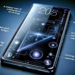 Create a realistic, high-definition image of a futuristic smartphone, featuring advanced design. Imagine it as a major leap in mobile technology, with intuitive interfaces, sleek glass body, cutting-edge cameras setup, and an innovative display.