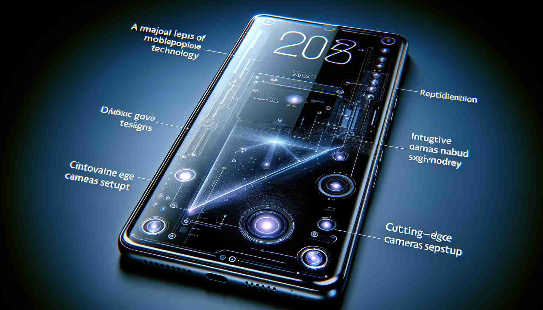 Create a realistic, high-definition image of a futuristic smartphone, featuring advanced design. Imagine it as a major leap in mobile technology, with intuitive interfaces, sleek glass body, cutting-edge cameras setup, and an innovative display.