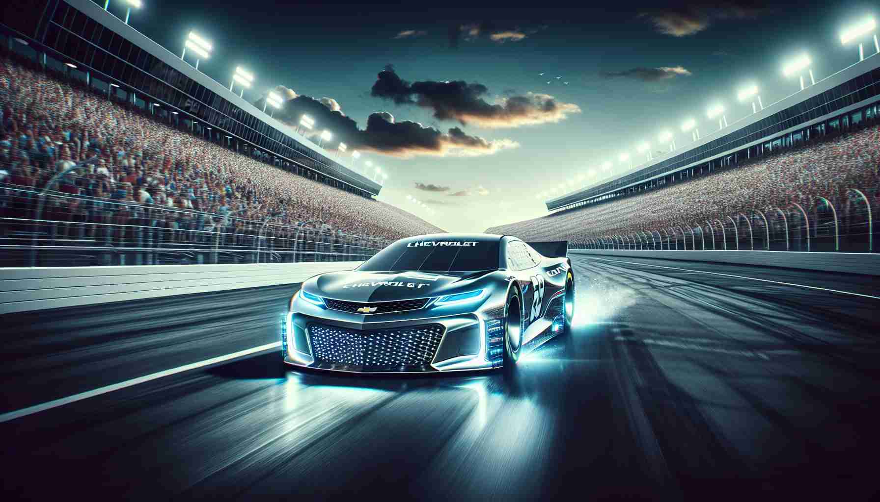 A realistic, high definition image of the future in NASCAR racing. Showcase a sleek, futuristic Chevrolet race car. Highlight the changes in technologies that would be used in the new era. The car is on a racetrack with a filled crowd in the stands. The scene is filled with excitement and anticipation, depicting the promise of a new era in NASCAR.