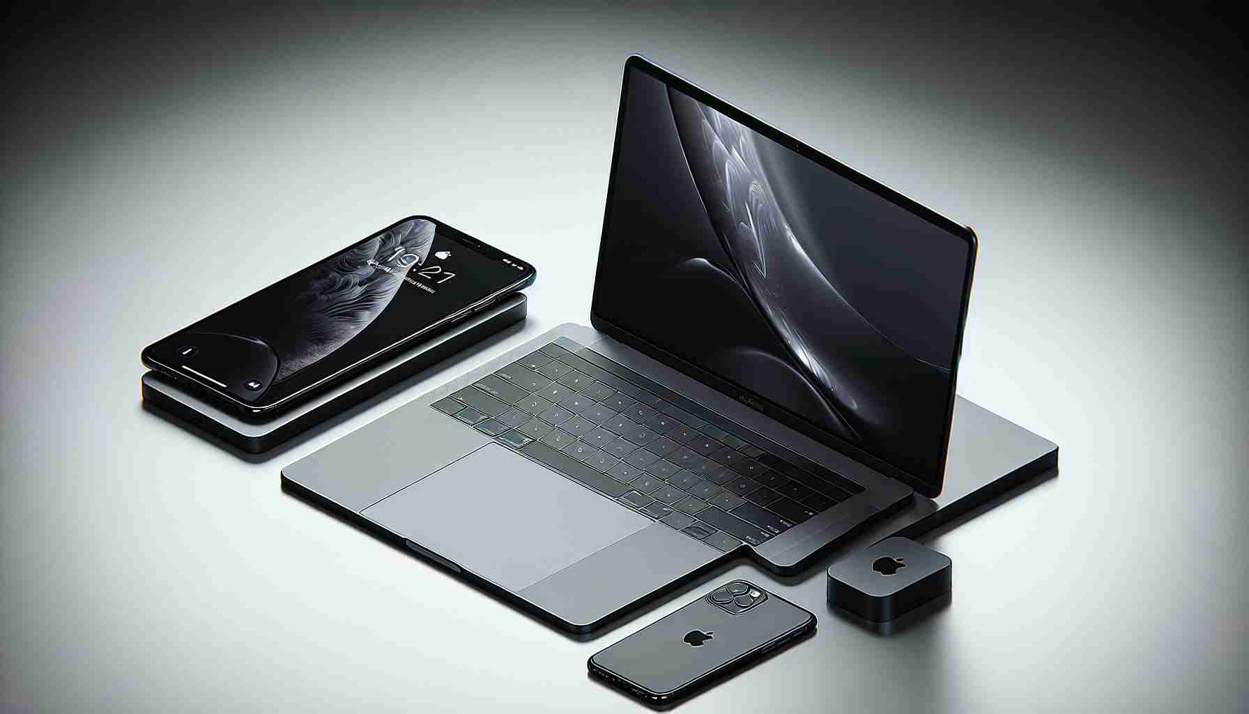 Generate a clear and realistic, high-definition image of two Apple devices, perhaps a laptop and a smartphone, placed nearby each other. The devices should be chosen to demonstrate a perfect color pairing, like a sleek matte black on the laptop nicely complementing a space grey finish on the smartphone. Both devices should be turned on with their screens glowing and vibrant. The setting can be a clean, modern workspace with a minimalist aesthetic. Note: Do not display any logos or other proprietary markings. The focus is strictly on the aesthetic appeal and color pairing.