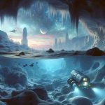 A high-definition, realistic rendering of an adventurous exploration into the hidden ocean that lies beneath the surface of Europa, Jupiter's moon. The seascape is filled with possible extraterrestrial organisms and unusual ice formations, bathed in a soft, alien glow. Include an underwater vehicle designed for such conditions, equipped with advanced tools for study and exploration.