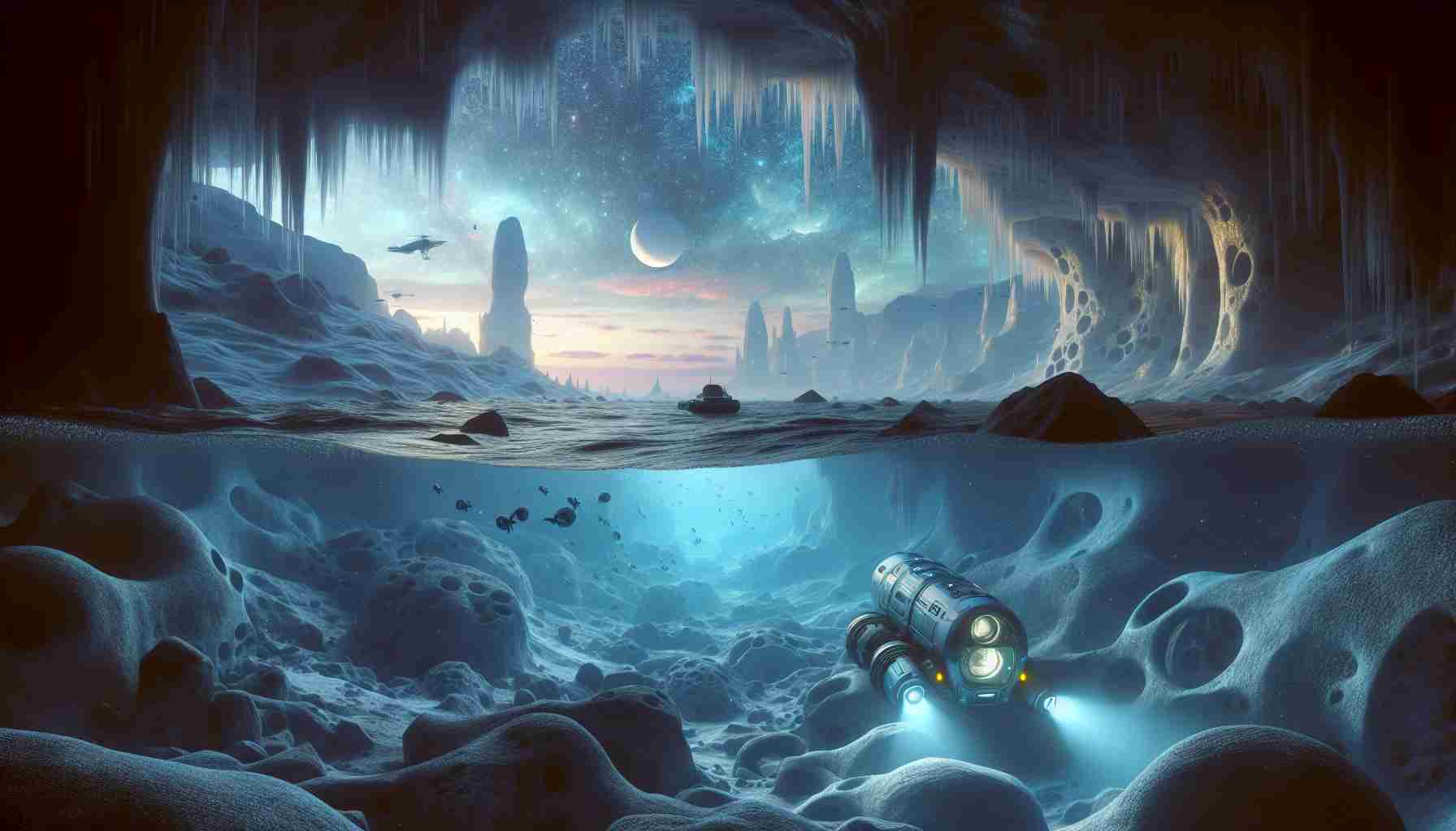 A high-definition, realistic rendering of an adventurous exploration into the hidden ocean that lies beneath the surface of Europa, Jupiter's moon. The seascape is filled with possible extraterrestrial organisms and unusual ice formations, bathed in a soft, alien glow. Include an underwater vehicle designed for such conditions, equipped with advanced tools for study and exploration.