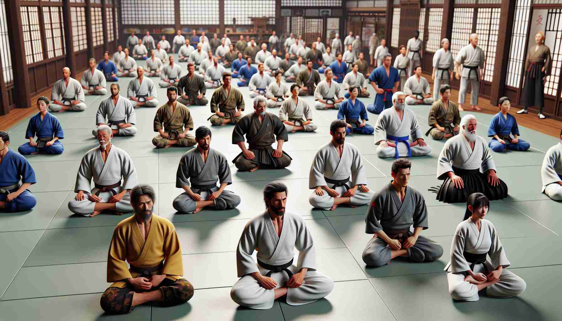 Realistic high-definition image of convincing portrayals of martial arts legends set to star in a new project debuting in 2025. The scene features a myriad of characters and places them in a modern dojo setting. There are expert fighters of varying ages, genders, and descents; some practicing their moves, others in a competitive match, and some meditating. Each individual displays unique martial arts uniforms and distinctive belts signifying their rank. The setting captures the essence of tradition coupled with modern elements to represent the anticipated year 2025.