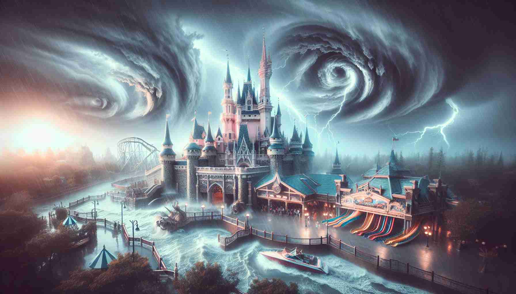 Generate a hyper-realistic high-definition image that presents scenes that have been inaccurately or misleadingly associated with the impact of a hypothetical hurricane, namely Hurricane Milton, on a large, popular theme park characterized by a big, magical castle as its central landmark, adventure rides, and various themed zones. Include cascading rain, swirling winds, and ominous clouds to signify the hurricane's wrath.