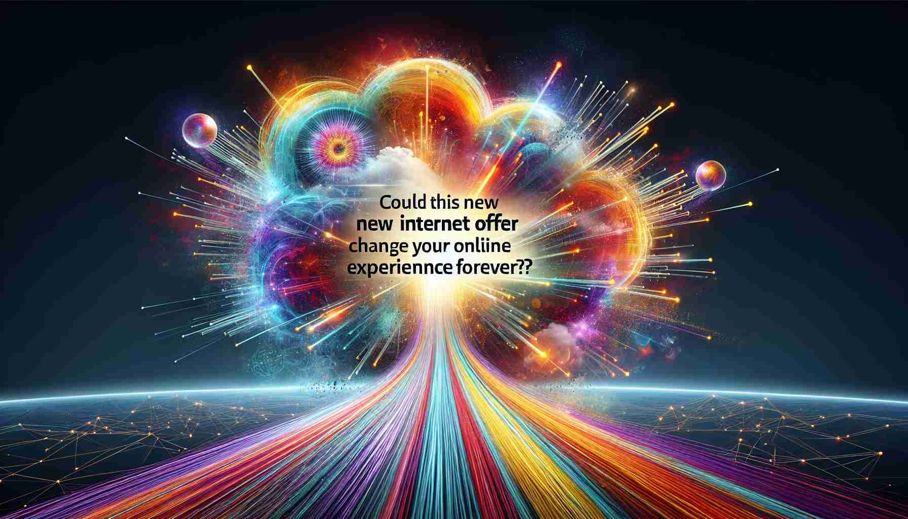 Design of a highly detailed and realistic high-definition image portraying the concept of a new transformational Internet offer. The scene includes a dynamic splash of vibrant colors representing digital innovation and connectivity. Further enhanced by fiber optic cables stretching toward the horizon, symbolizing a limitless future. Embedded is the text: 'Could This New Internet Offer Change Your Online Experience Forever?'