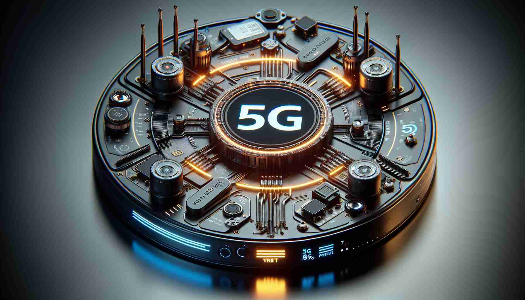 An ultra high definition realistic image displaying a revolutionary 5G hotspot device. The state-of-the-art device is a product of collaboration between a well-known electronics manufacturer and a popular mobile network service provider. The gadget flaunts a sleek design with innovative functionality. Highlighted on it should be distinct features like multiple antennas for enhanced reception, a touchscreen interface for ease of use, and 5G branding denoting its high-speed connectivity capabilities.