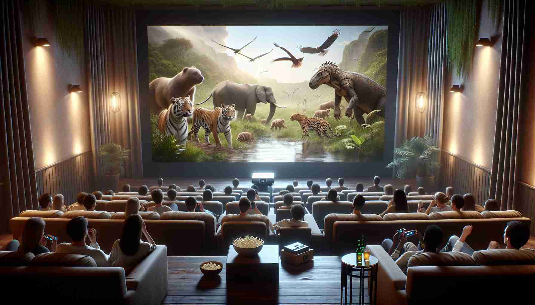 A realistic high-definition image presenting a scene that enhances your viewing experience with projectors. The scene showcases an ambient, cozy room with soft, dimmed lights highlighting a large white screen, where a high-quality projector is showing a visually captivating wildlife documentary. Plush seating arrangements are in front of the screen filled with eager and enthusiastic movie watchers of varying genders and descents such as Caucasian, Black, and Hispanic. On a side table, there's a bowl of popcorn, drinks and 3D glasses, representing a perfect setting for a projector-based home cinema.