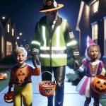 Generate an ultra high-definition, realistic image that depicts the various ways of ensuring a child's safety during Halloween. Show a young Caucasian boy and a Middle-Eastern girl dressed in festive costumes, trick-or-treating in a brightly lit sidewalk. The children have on reflective gear and are accompanied by an adult figure, further demonstrating the importance of supervision. There should be houses nearby, with clearly visible 'Halloween Safety' posters. A bucket of candy should be visible, highlighting the need to check treats before consumption.