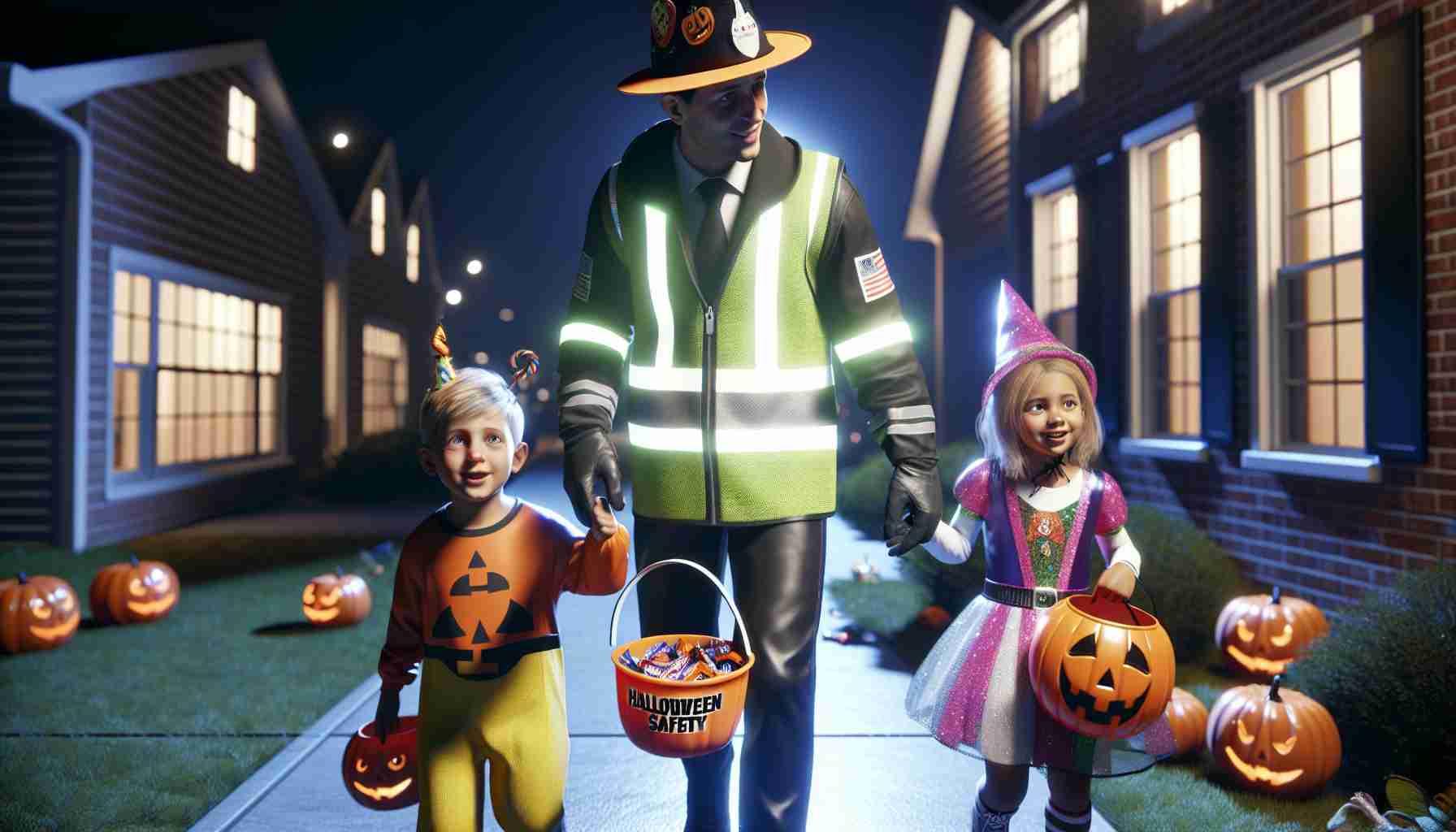 Generate an ultra high-definition, realistic image that depicts the various ways of ensuring a child's safety during Halloween. Show a young Caucasian boy and a Middle-Eastern girl dressed in festive costumes, trick-or-treating in a brightly lit sidewalk. The children have on reflective gear and are accompanied by an adult figure, further demonstrating the importance of supervision. There should be houses nearby, with clearly visible 'Halloween Safety' posters. A bucket of candy should be visible, highlighting the need to check treats before consumption.