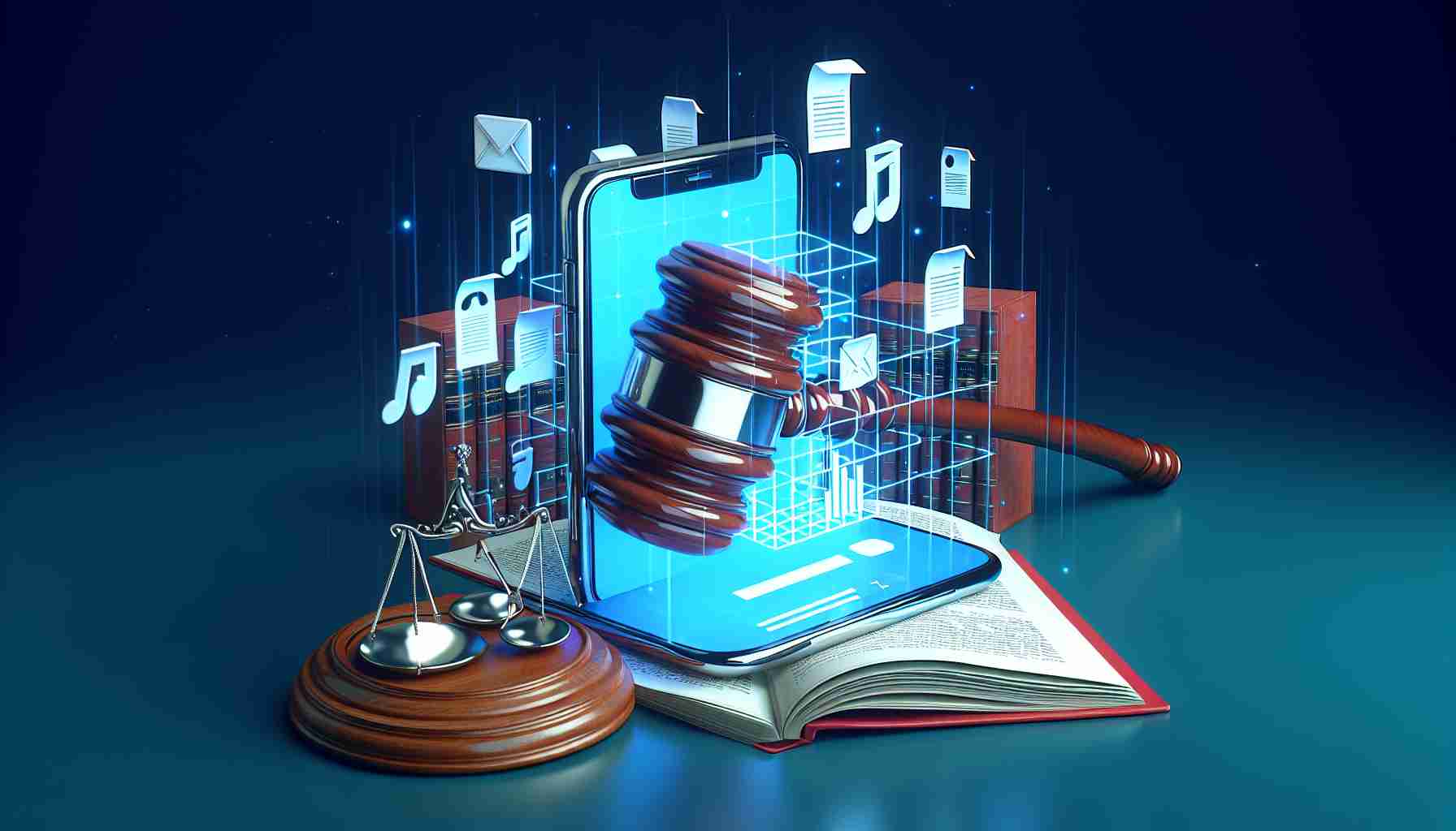 Realistic high-definition image of a stylised mobile application store undergoing major changes, with digital representations of a judge's gavel and legal documents to symbolize legal mandates.