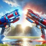 An HD quality, highly detailed, realistic image of an epic showdown between two beautifully crafted water blasters. These hydro weapons are relentlessly shooting water at each other, trying to outperform the other, under the bright summer sky. One is styled in bold red and the other in cool blue shades. Droplets of water are shining in the sunlight, splashing as they meet mid-air. The background is a beautiful, open park with green lawns and tall oak trees. This is the ultimate face-off to determine which water blaster reigns supreme.