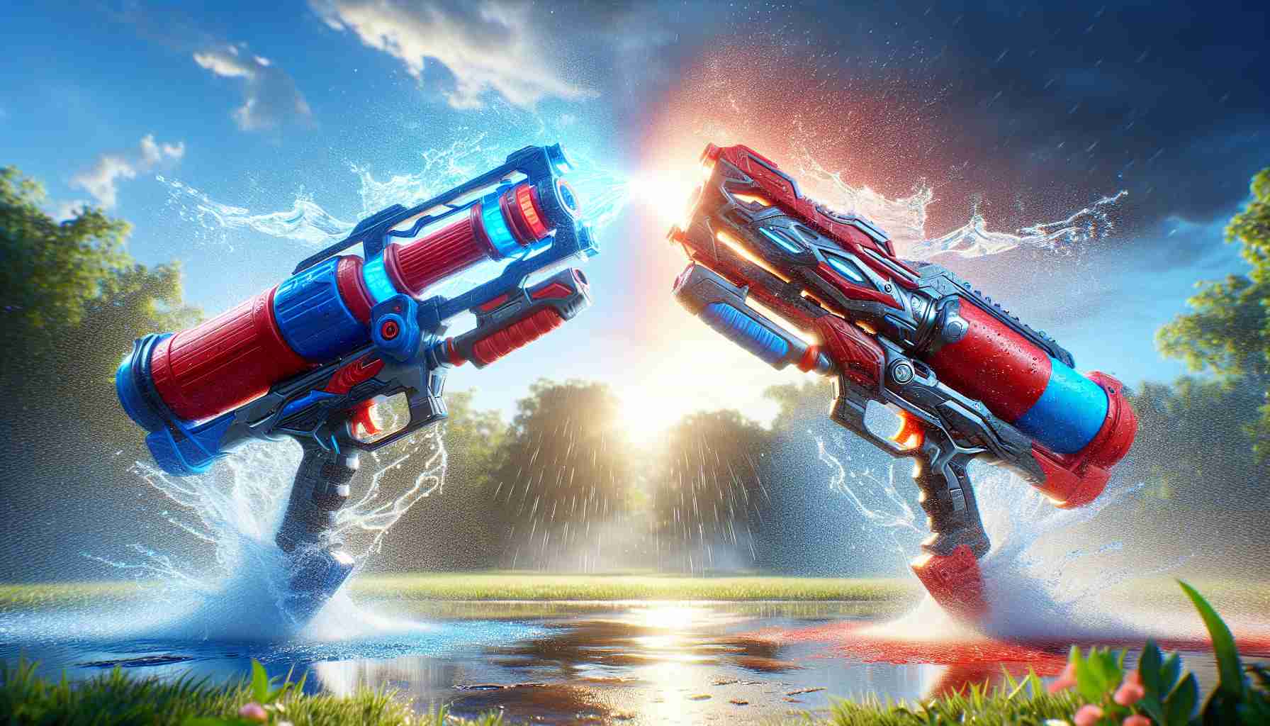 An HD quality, highly detailed, realistic image of an epic showdown between two beautifully crafted water blasters. These hydro weapons are relentlessly shooting water at each other, trying to outperform the other, under the bright summer sky. One is styled in bold red and the other in cool blue shades. Droplets of water are shining in the sunlight, splashing as they meet mid-air. The background is a beautiful, open park with green lawns and tall oak trees. This is the ultimate face-off to determine which water blaster reigns supreme.