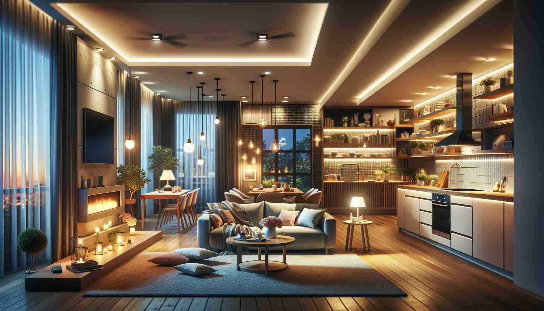 Generate a HD image of a home interior transformed by smart lighting. The scene should showcase different rooms such as the living room, kitchen, and bedroom each enhanced by smart lighting. The living room might have soft, ambient lighting that accentuates a comfortable sofa and a cozy fireplace. The kitchen could be brightly lit, highlighting clean countertops and modern appliances. The bedroom might feature mood lighting subtly illuminating a well-made bed and a reading nook. The smart lights are adjustable, allowing for a change in ambiance at the tap of a smartphone.