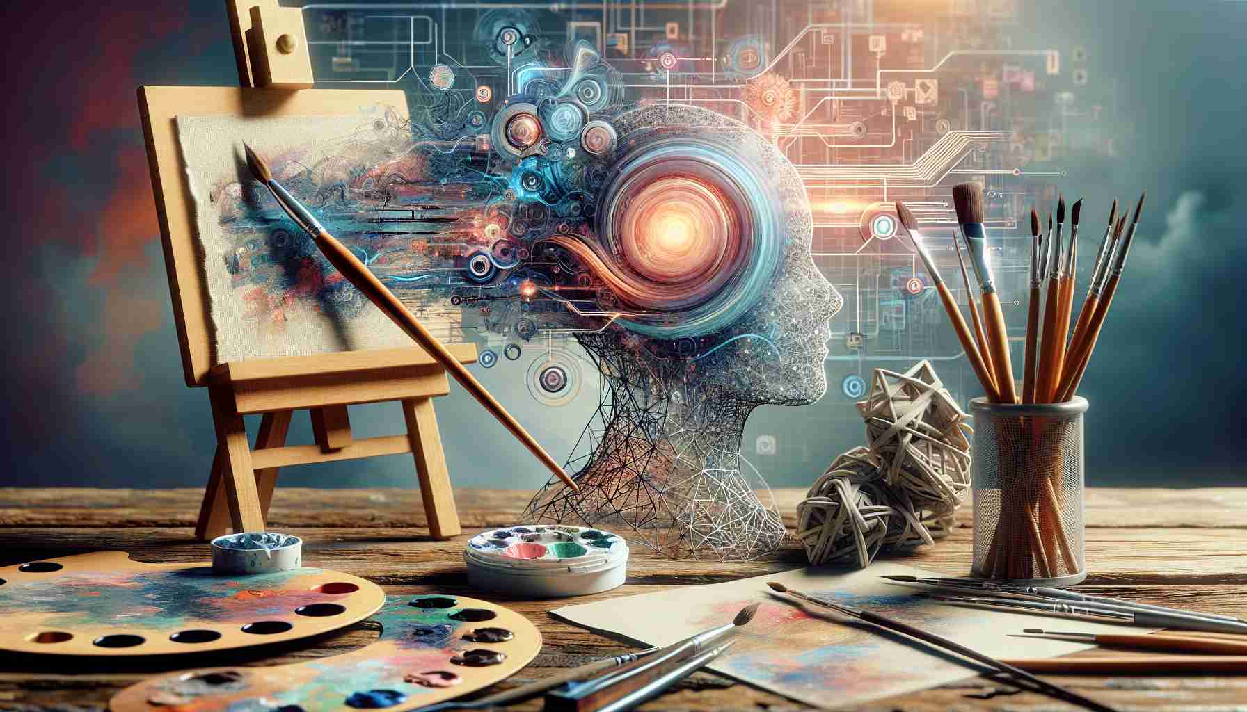 An HD photo realistically depicting the concept of 'Artistry in the Age of AI: A Creative Struggle'. This image should include symbolic elements that represent artificial intelligence, such as neural networks and data flows. Ideally, it would contrast these with traditional artistic tools like brushes, palettes, and easels to represent the creative struggle. The image should also include subtle hints of the ongoing symbiosis and tension between traditional art and AI, possibly through the use of intertwined lines or meshing elements.