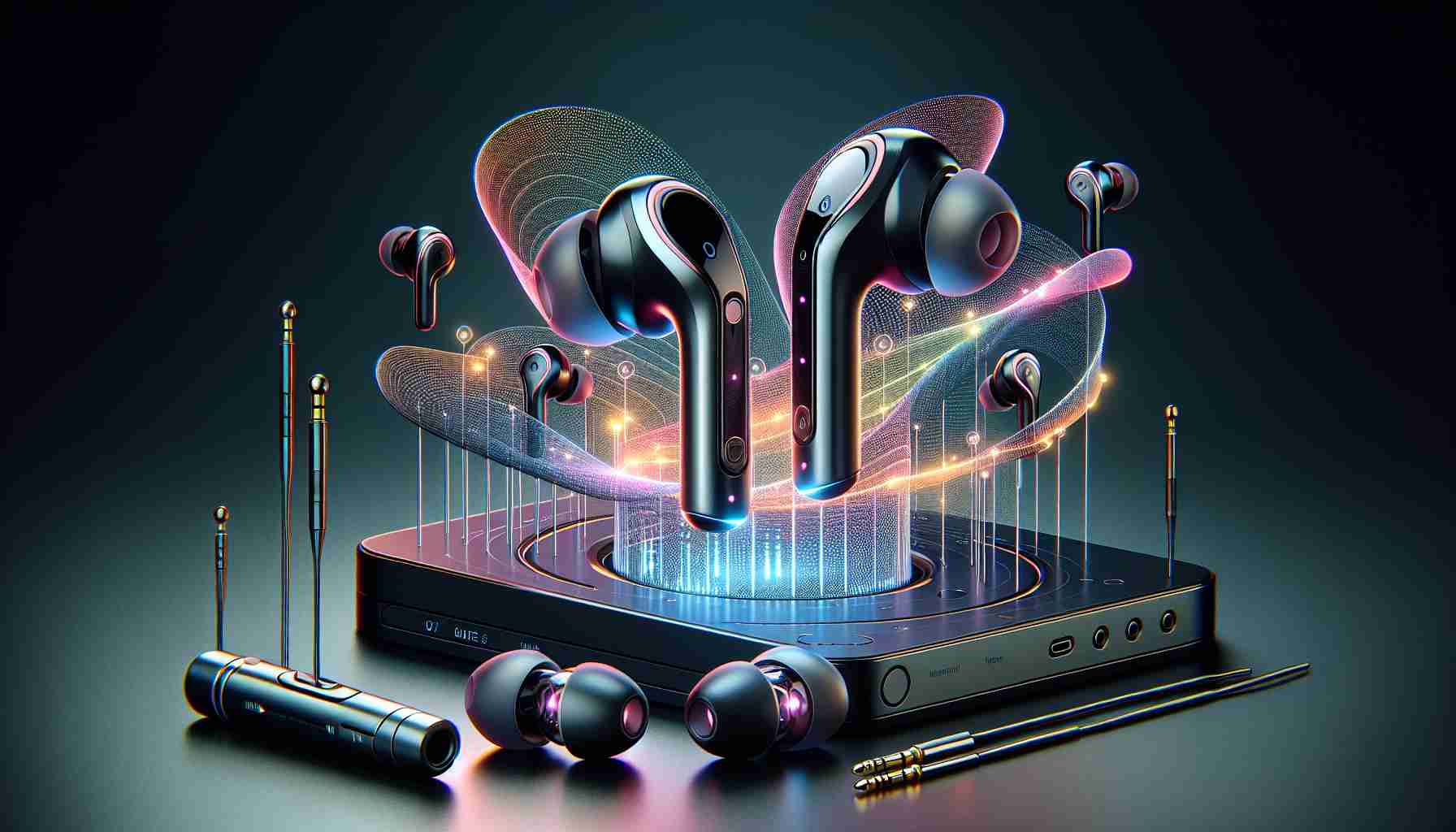 Create a high definition realistic image showcasing top-tier, cutting-edge wireless earbuds that have revolutionized the audio experience. The earbuds should be sleek and modern, incorporated with the latest technology; they should be showcased to clearly highlight their unique design and innovative features.