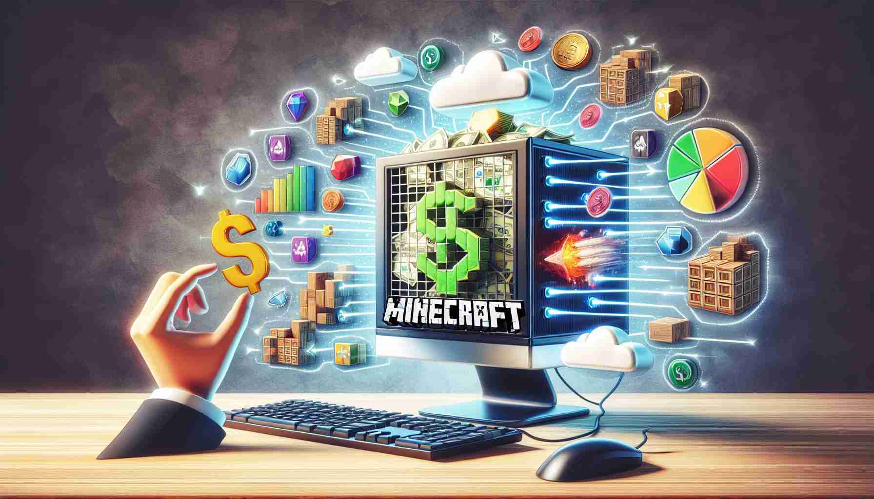 A high-definition realistic illustration that represents the exploration of economical options for hosting Minecraft servers. This can include a variety of visual elements such as a desktop computer with the Minecraft logo visible, coupled with depictions of lower-cost symbols or budget-related indicators. The overall image should evoke the notion of navigating various cost-saving choices for server management in the context of Minecraft.