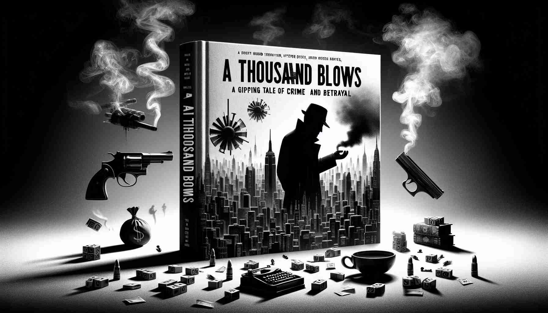 Generate a high-definition, hyper-realistic image of the cover art for a fictional, gripping crime novel titled 'A Thousand Blows: A Gripping Tale of Crime and Betrayal'. The cover should feature elements associated with crime and betrayal such as a smoky noir cityscape, shadows of mysterious figures, a dropped weapon, or coded letters, for example. However, it should not give away too much of the narrative and should only hint at the tension and intrigue in the story.