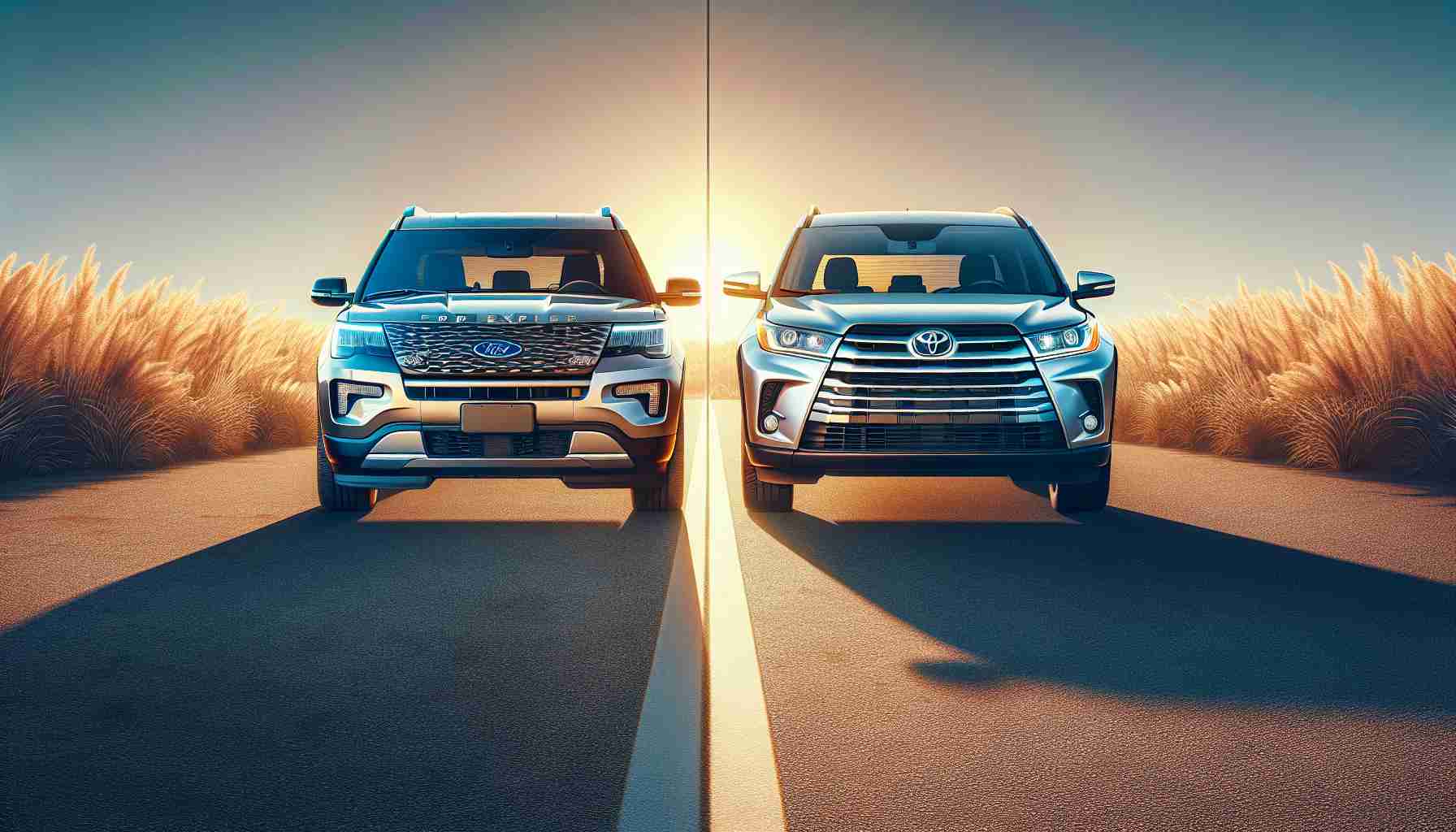 Generate a high definition, realistic image of two mid-size SUVs for comparison. On the left hand side of the image, depict a Ford Explorer, and on the right hand side, depict a Toyota Highlander. Both vehicles should be in a neutral outdoor environment for a fair comparison, with sunlight illuminating them from the same angle. The vehicles should be equally spaced apart, allowing for a clear side-by-side comparison. Remember to incorporate accurate details such as the shape, color, and the logos of the two cars.