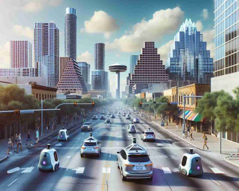 Generate a high-definition, realistic image representing the concept of a 'Self-Driving Revolution'. The image should depict autonomous vehicles on the streets of a city that matches the general architectural and environmental aesthetics of Austin, Texas. The scene should communicate an embracing of a technologically advanced future, with modern infrastructure facilitating self-driving cars, and people of diverse descents and genders welcoming this change.