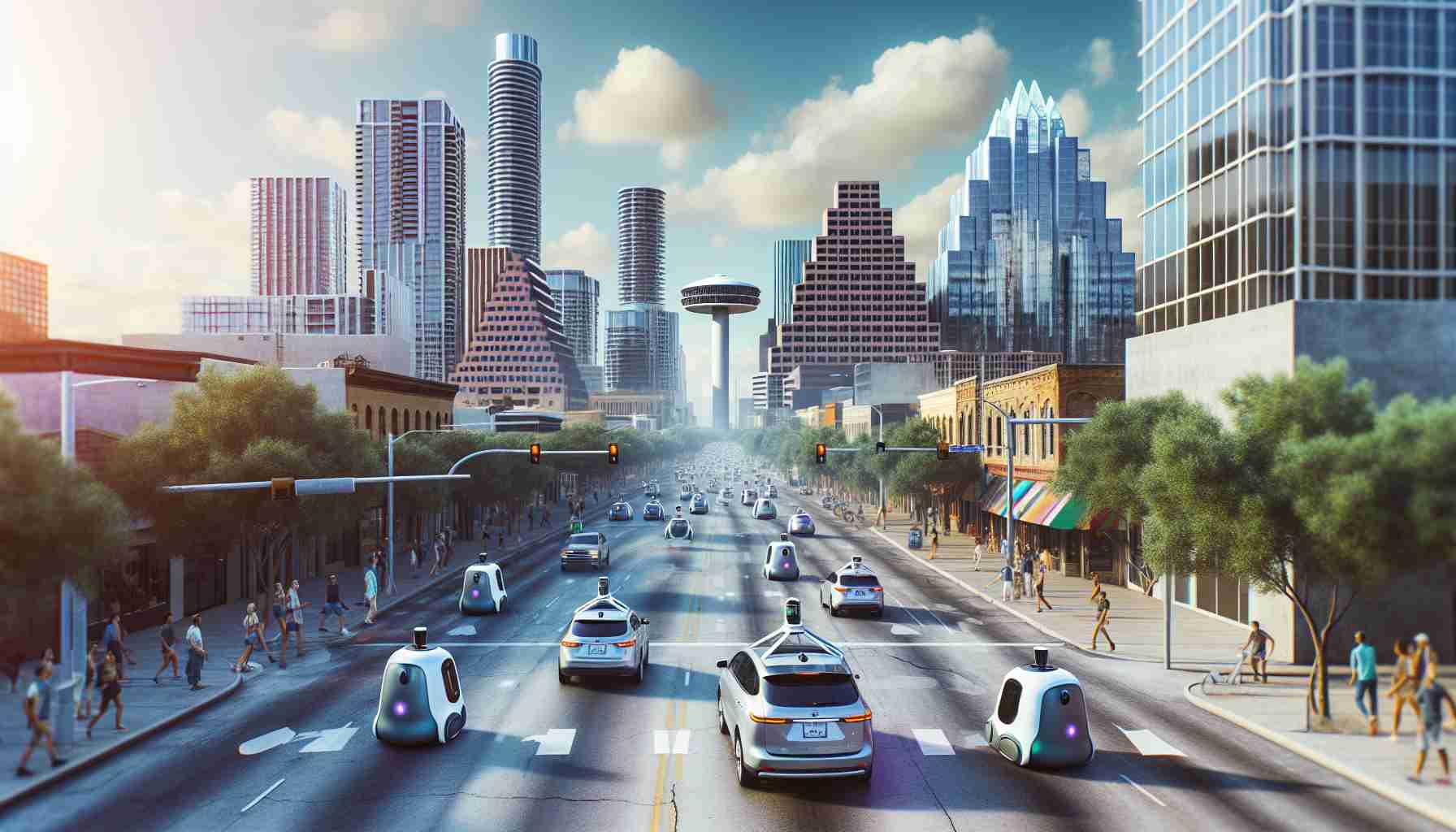 Generate a high-definition, realistic image representing the concept of a 'Self-Driving Revolution'. The image should depict autonomous vehicles on the streets of a city that matches the general architectural and environmental aesthetics of Austin, Texas. The scene should communicate an embracing of a technologically advanced future, with modern infrastructure facilitating self-driving cars, and people of diverse descents and genders welcoming this change.