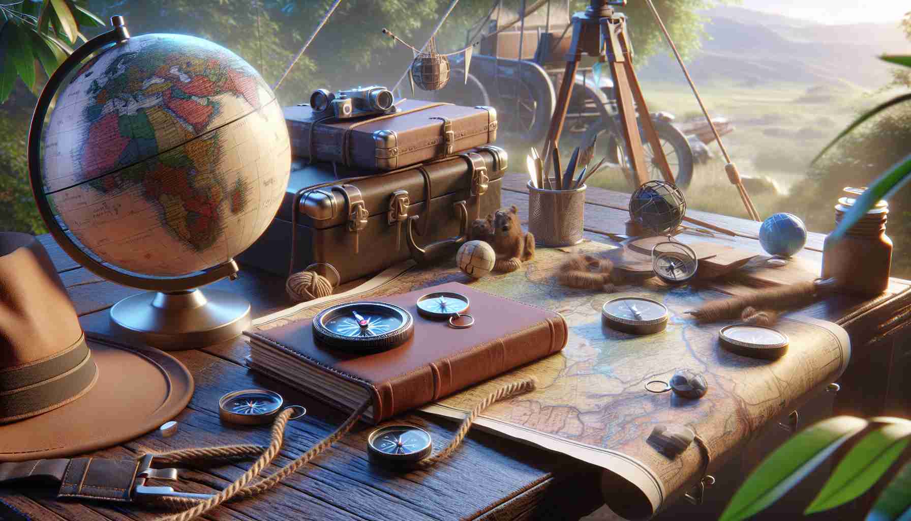 Render a realistic, high-definition image featuring a scene of discovery and new adventures. The setting should capture a wayfinding theme involving maps, compasses, and other navigational tools.