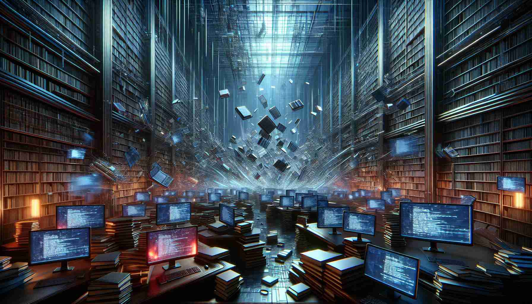 A highly realistic illustration depicting a technological disruption in a significant digital library. Imagine the scene to be rife with chaos: screens blinking with error messages, data streams distorting and breaking apart, and digital books disappearing from digital shelves. The atmosphere is tense, yet it maintains an air of mystery, alluding to the unseen cyber assault that has caused such disruption. Contrast this turmoil with the usually serene and organized... environment of a digital library to properly convey the drastic shift.