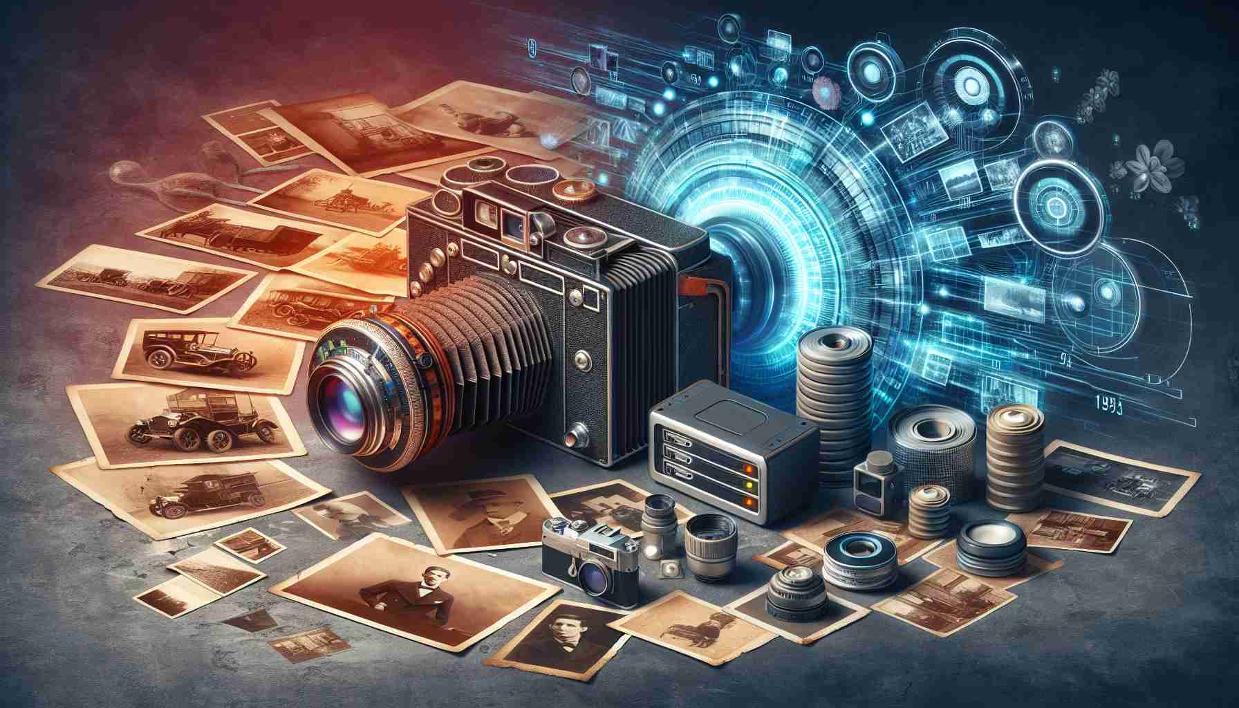 A high-definition, realistic representation of the journey of photography evolving in the age of artificial intelligence. The image is divided into two contrasting sections. The first section shows a vintage camera with photographs from the early 1900s around it, symbolising traditional analogue photography. The second section is filled with high-tech digital cameras, computer servers, and futuristic gadgets projecting holographic images symbolising modernity and AI-driven photography. The two sections are creatively overlapped in a gradient transition to signify the evolution.