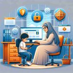 Create a high definition, realistic image that illustrates the concept of 'protecting a child's privacy in a digital world.' In the scene, depict a Middle-Eastern mother sitting in a home office and a Hispanic child playing on a computer. The mother should be overseeing what her child is doing on the computer. Alongside this scene, display locks, shields, and firewalls as symbols of digital security. Also consider including an internet browser symbol to represent the digital world. The overall theme should be one of safeguarding the child from potential online risks.