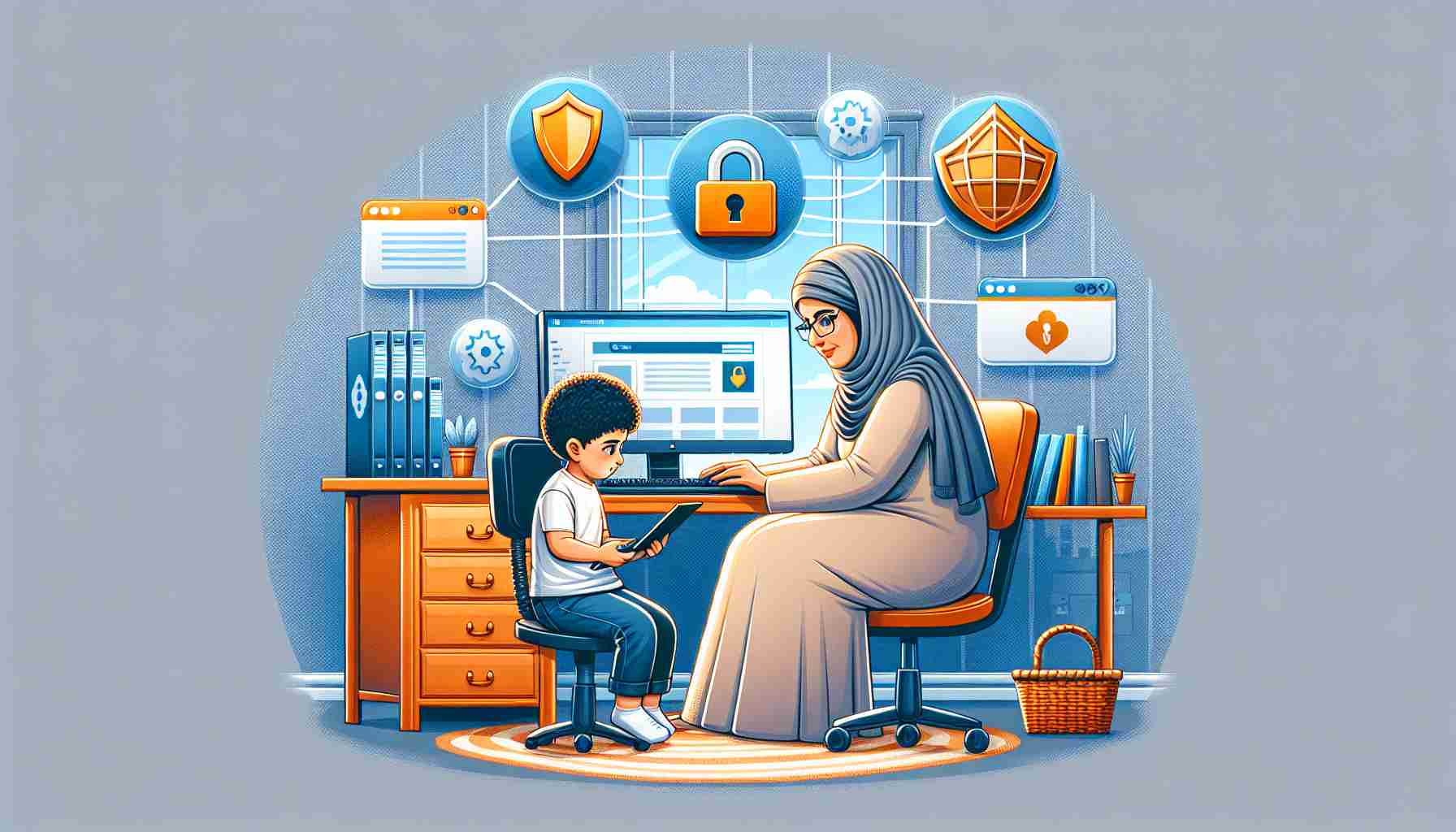 Create a high definition, realistic image that illustrates the concept of 'protecting a child's privacy in a digital world.' In the scene, depict a Middle-Eastern mother sitting in a home office and a Hispanic child playing on a computer. The mother should be overseeing what her child is doing on the computer. Alongside this scene, display locks, shields, and firewalls as symbols of digital security. Also consider including an internet browser symbol to represent the digital world. The overall theme should be one of safeguarding the child from potential online risks.