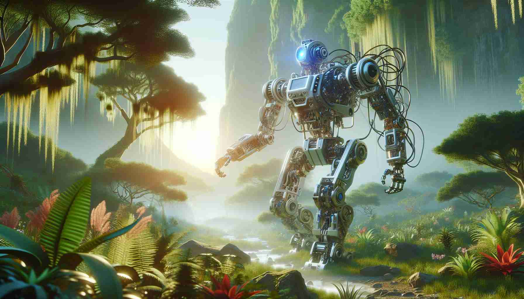 A high-definition, realistic image illustrating the sequel to a story about a remarkable, autonomous machine, dubbed as 'The Engineering Marvel'. Related to the previous tale of the 'Wild Robot', picture this intelligent automaton making a triumphant return. Emphasize the advanced mechanical components of the robot, showcasing its intricate design elements and innovative features. Set the scene in a lush and thriving wilderness, symbolizing the wild origins of the first narrative, with the robot standing out as a testament to great engineering amid natural wonders.