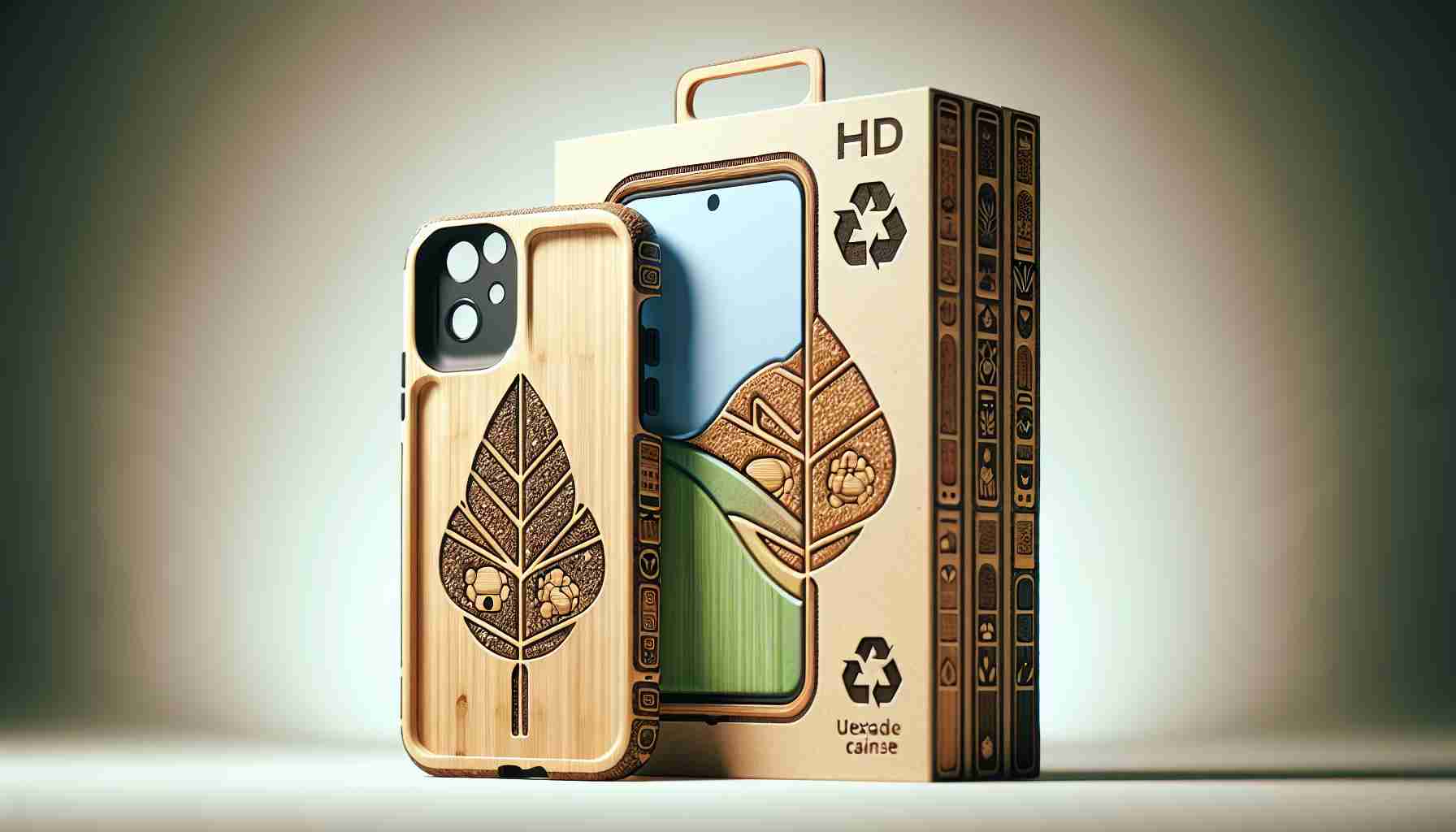 Generate a realistic HD image of an environmentally-friendly phone case. It should be made from sustainable materials that evoke a sense of respect for nature, like bamboo or recycled plastic. The case design should promote ultimate protection for the phone while maintaining a stylish aesthetic. The colors should be earthy and natural, suggesting its eco-consciousness. Display the case as if it's in a promotional poster, emphasizing its eco-friendly features along with its durability and style.