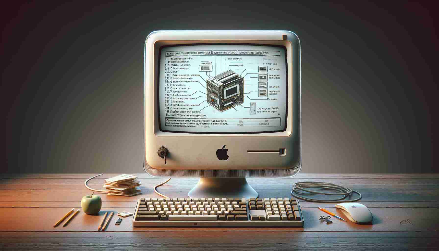 Generate a realistic high-definition image featuring a vintage iMac computer with visible signs of aging. The computer's screen should display a step-by-step diagram detailing how to resolve booting issues.