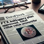 A high-definition, realistic image of a newspaper headline that reads 'FTX Bankruptcy Plan Approved, Token Value Uncertain'. The scene showcases the newspaper well-placed on a study desk, with a picture related to cryptocurrency in the background, and a pair of reading glasses casually resting on the top right corner.