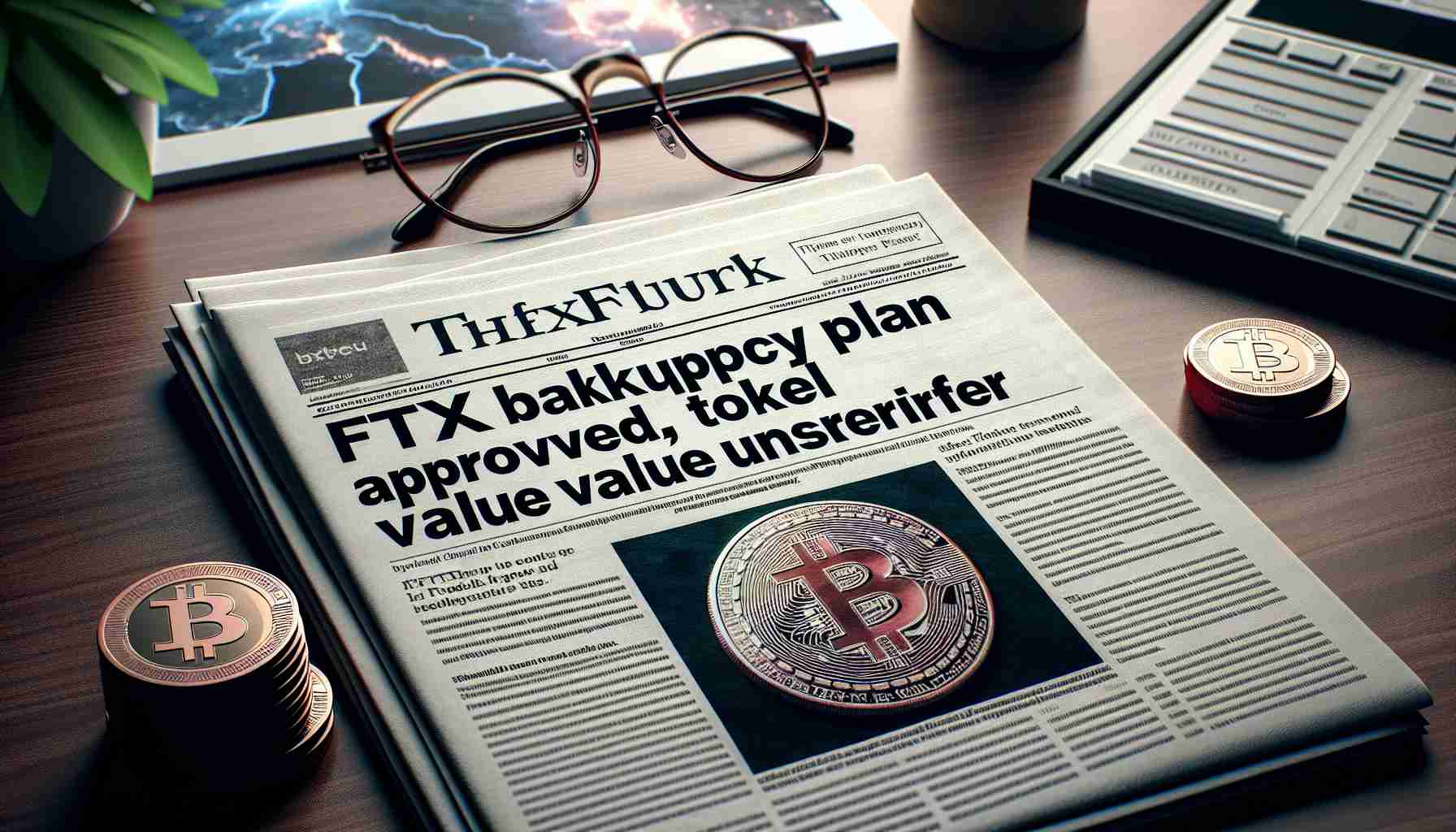 A high-definition, realistic image of a newspaper headline that reads 'FTX Bankruptcy Plan Approved, Token Value Uncertain'. The scene showcases the newspaper well-placed on a study desk, with a picture related to cryptocurrency in the background, and a pair of reading glasses casually resting on the top right corner.